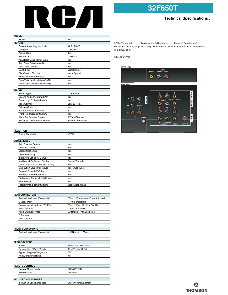 Technical specifications | RCA 32F650T User Manual | Page 2 / 2