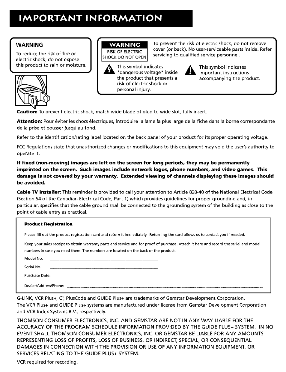 Important information | RCA CRT Television User Manual | Page 2 / 64