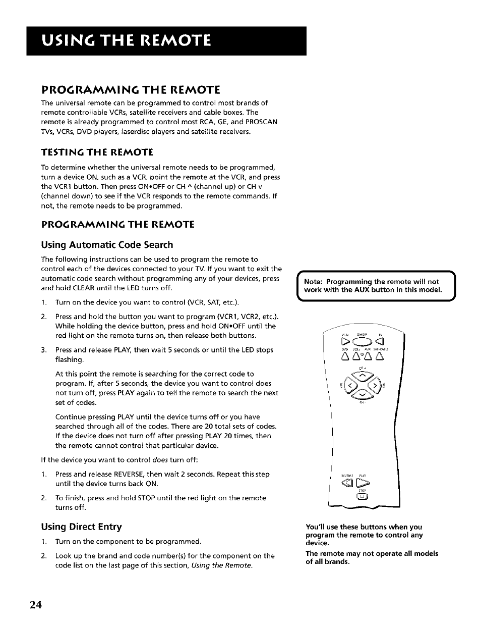 Procramming the remote, Programming the remote, Usincthe remote | Testincthe remote, Procrammincthe remote using automatic code search, Using direct entry | RCA CRT Television User Manual | Page 26 / 64
