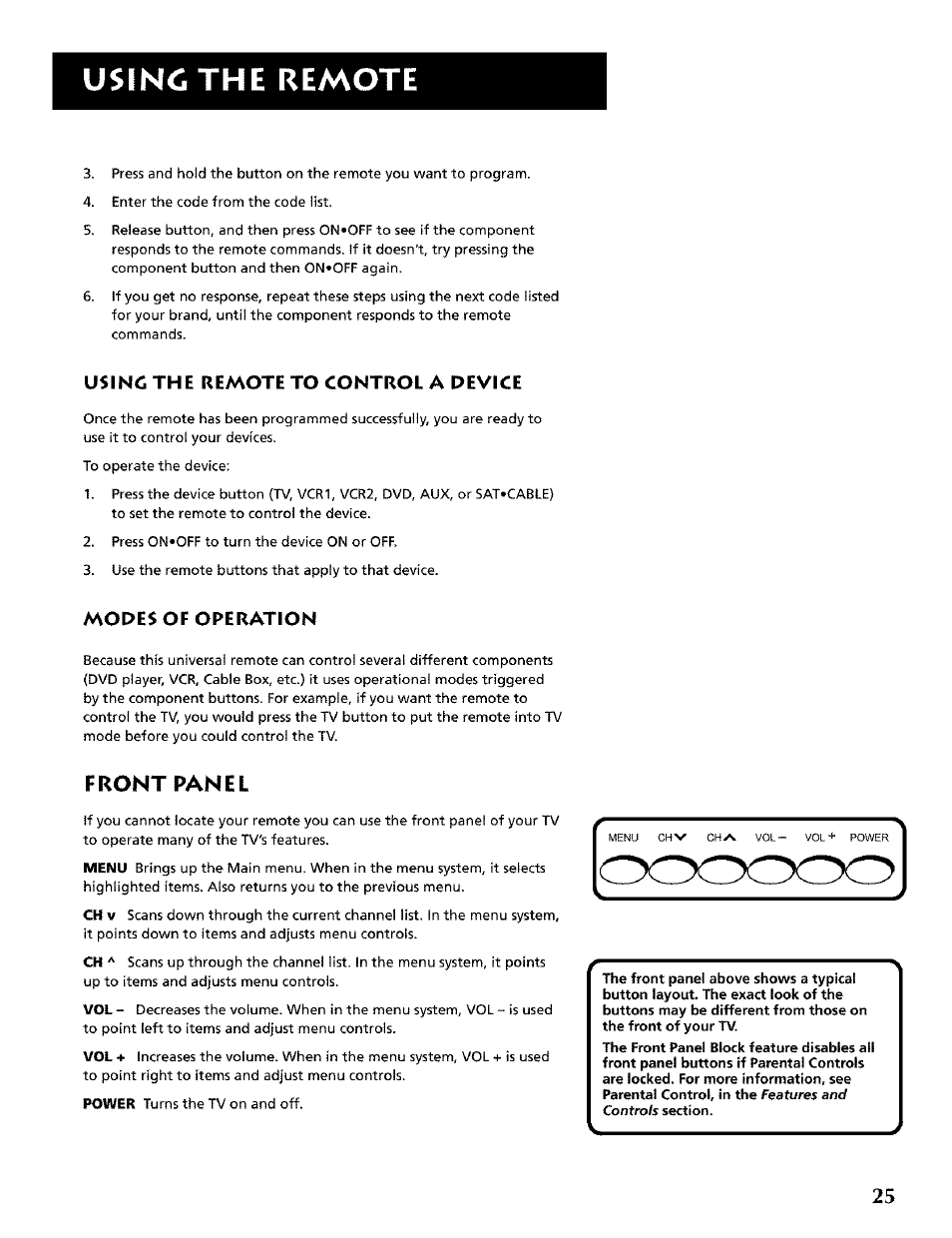 Front panel, Usincthe remote, Usincthe remote to control a device | Modes of operation | RCA CRT Television User Manual | Page 27 / 64
