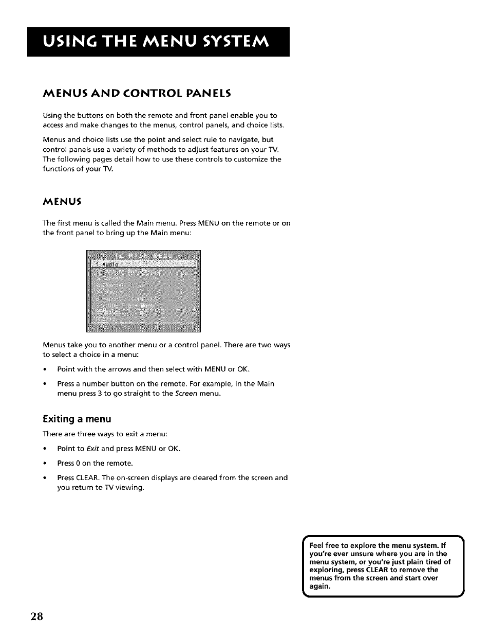 Menus and control panels, Using the menu system, Menus | Exiting a menu | RCA CRT Television User Manual | Page 30 / 64