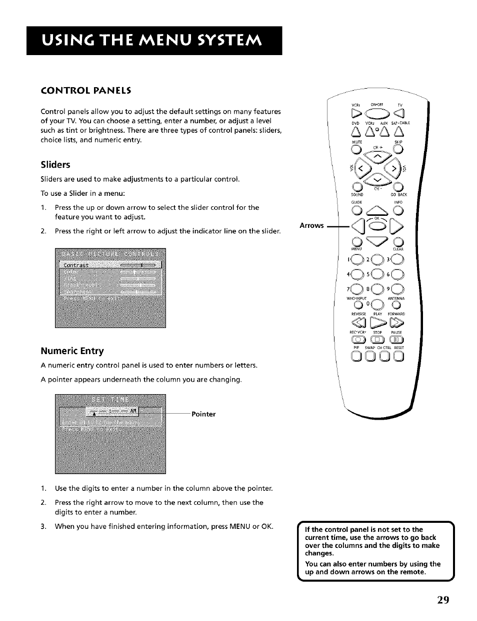 Using the menu system, Control panels, Sliders | Numeric entry | RCA CRT Television User Manual | Page 31 / 64