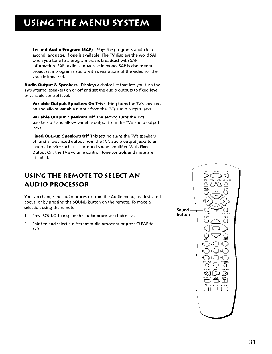 Usinc the remote to select an audio processor, Using the remote to select an audio processor, Using the menu system | RCA CRT Television User Manual | Page 33 / 64