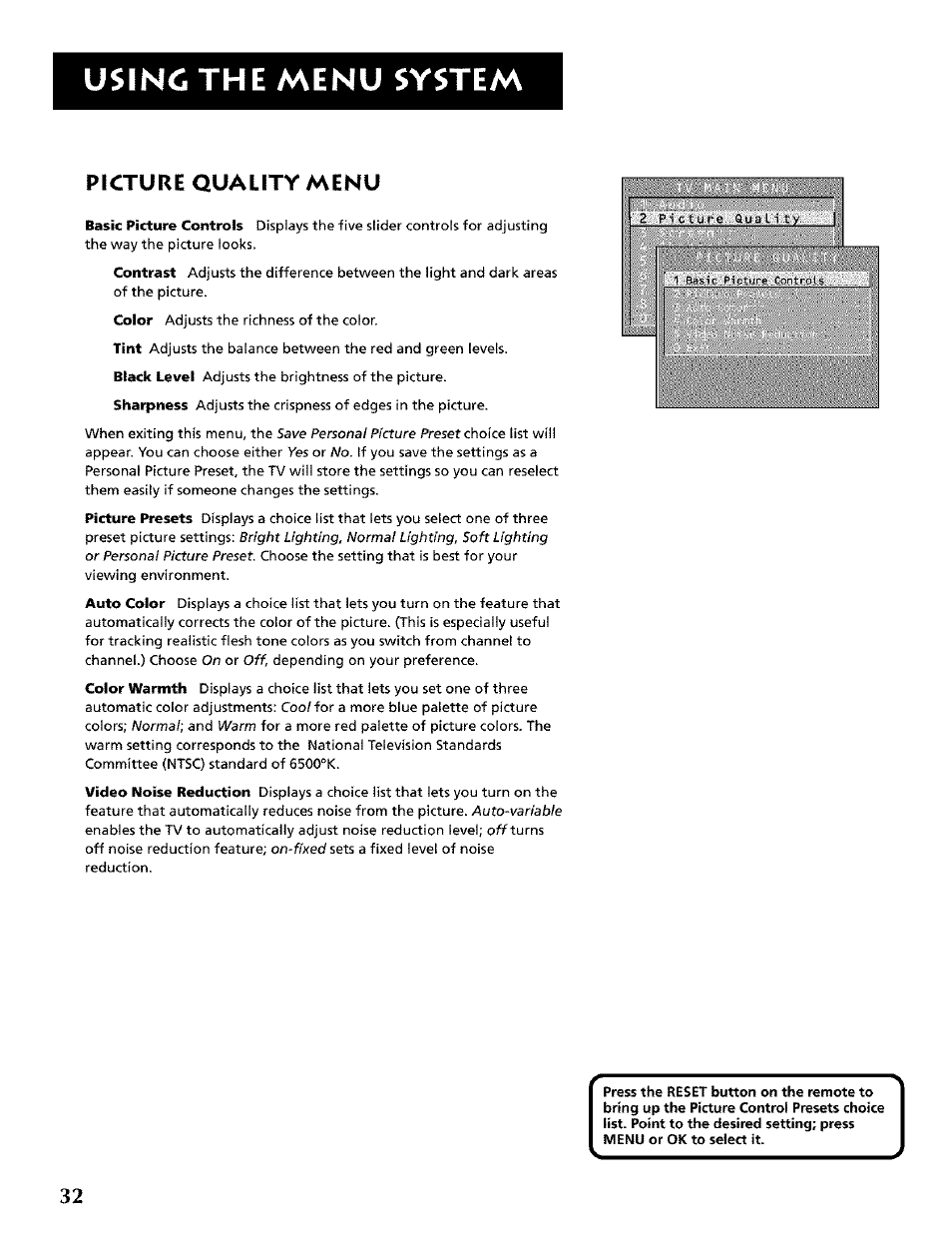 Picture quality menu, Using the menu system | RCA CRT Television User Manual | Page 34 / 64