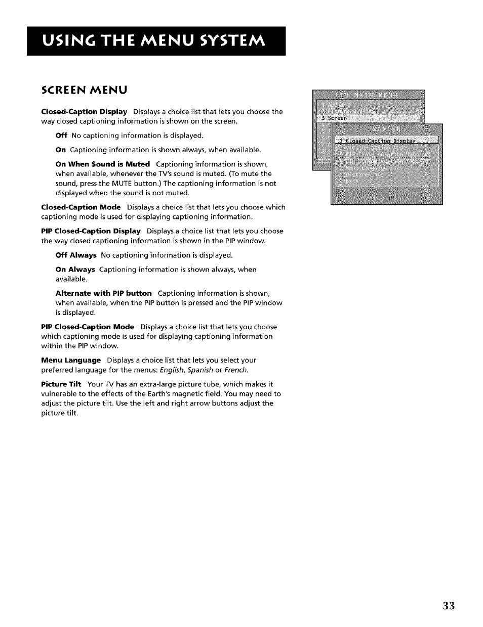 Screen menu, Using the menu system | RCA CRT Television User Manual | Page 35 / 64