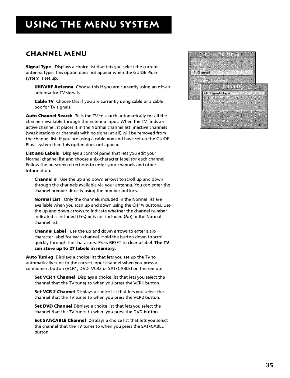Channel menu, Using the menu system | RCA CRT Television User Manual | Page 37 / 64