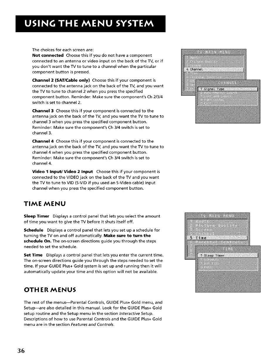 Time menu, Other menus, Using the menu system | RCA CRT Television User Manual | Page 38 / 64