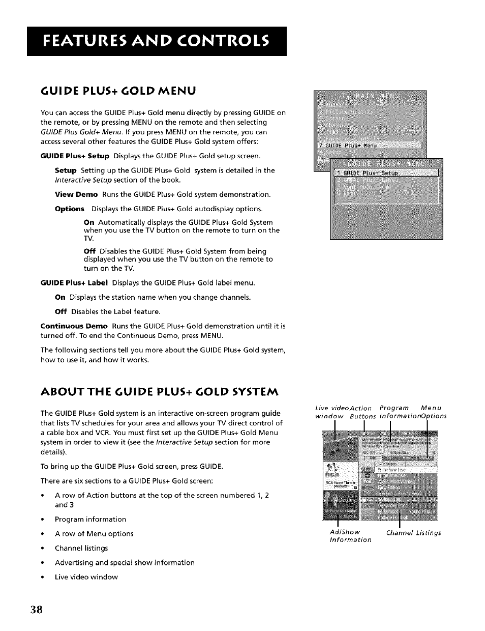 Cuide plus+doldmenu, Aboutthe guide plus+ gold system, Guide plush- gold menu | About the guide plus+ gold system, Features and controls | RCA CRT Television User Manual | Page 40 / 64