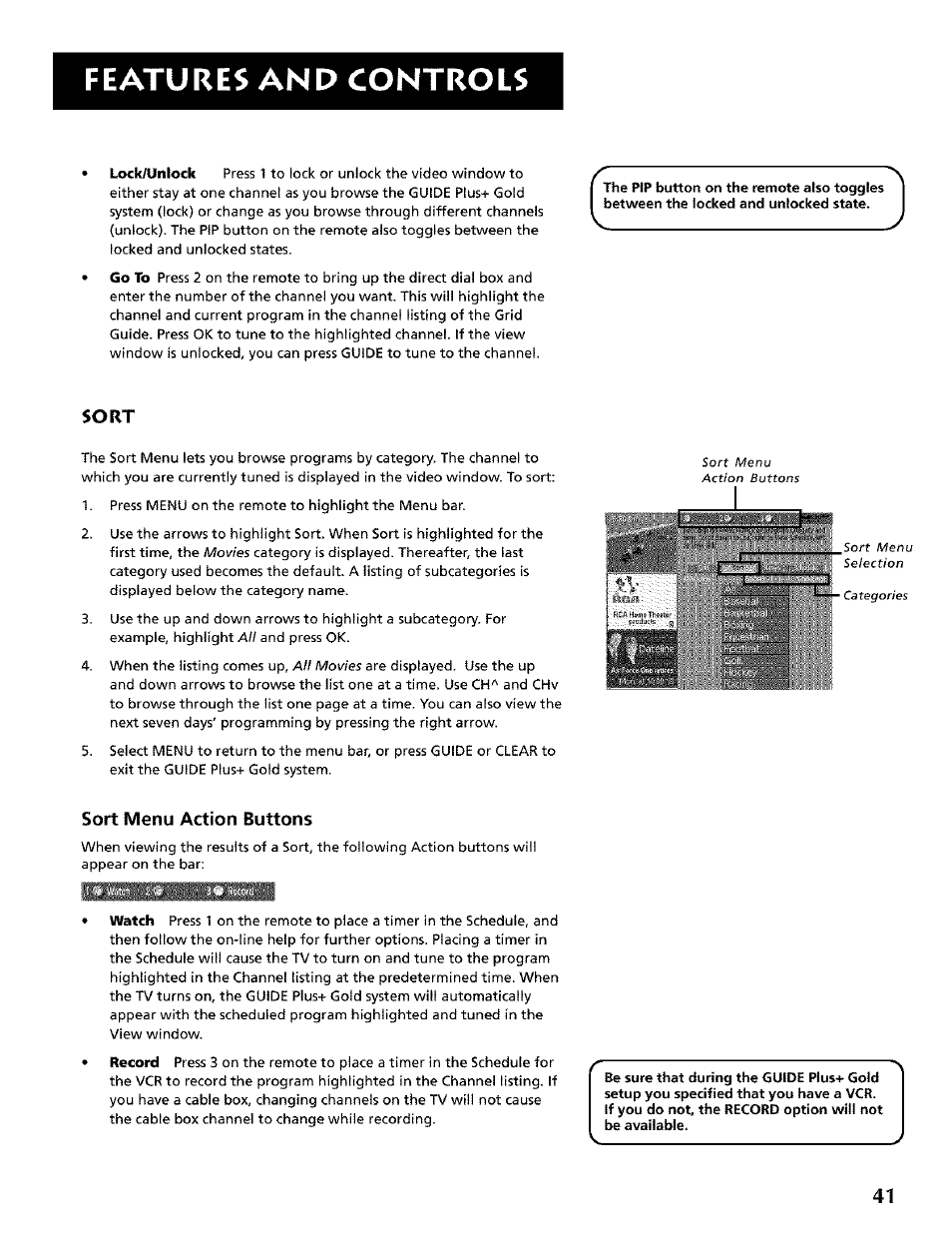 Features and controls, Sort, Sort menu action buttons | RCA CRT Television User Manual | Page 43 / 64