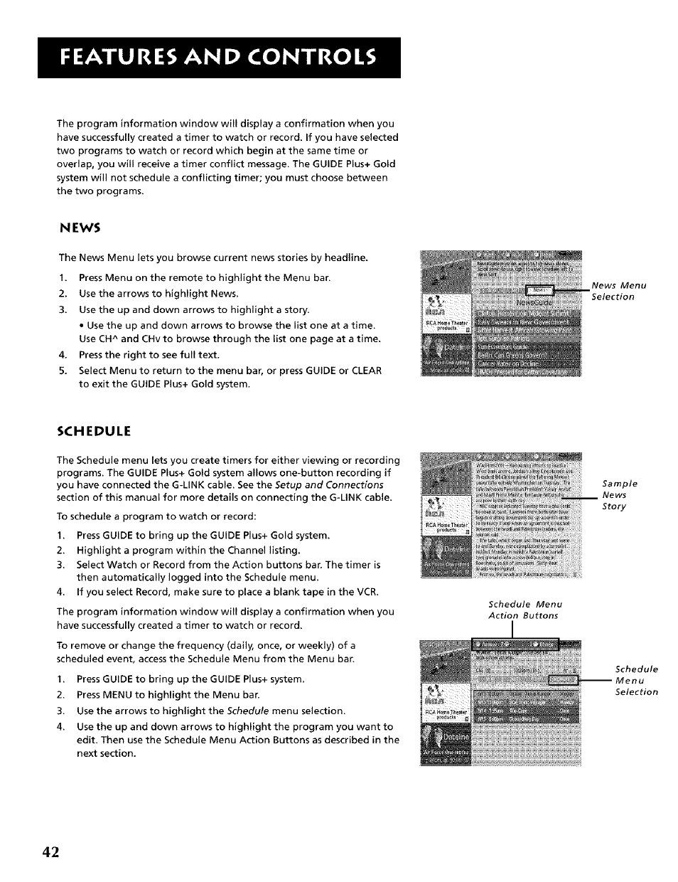 Features and controls, News, Schedule | RCA CRT Television User Manual | Page 44 / 64