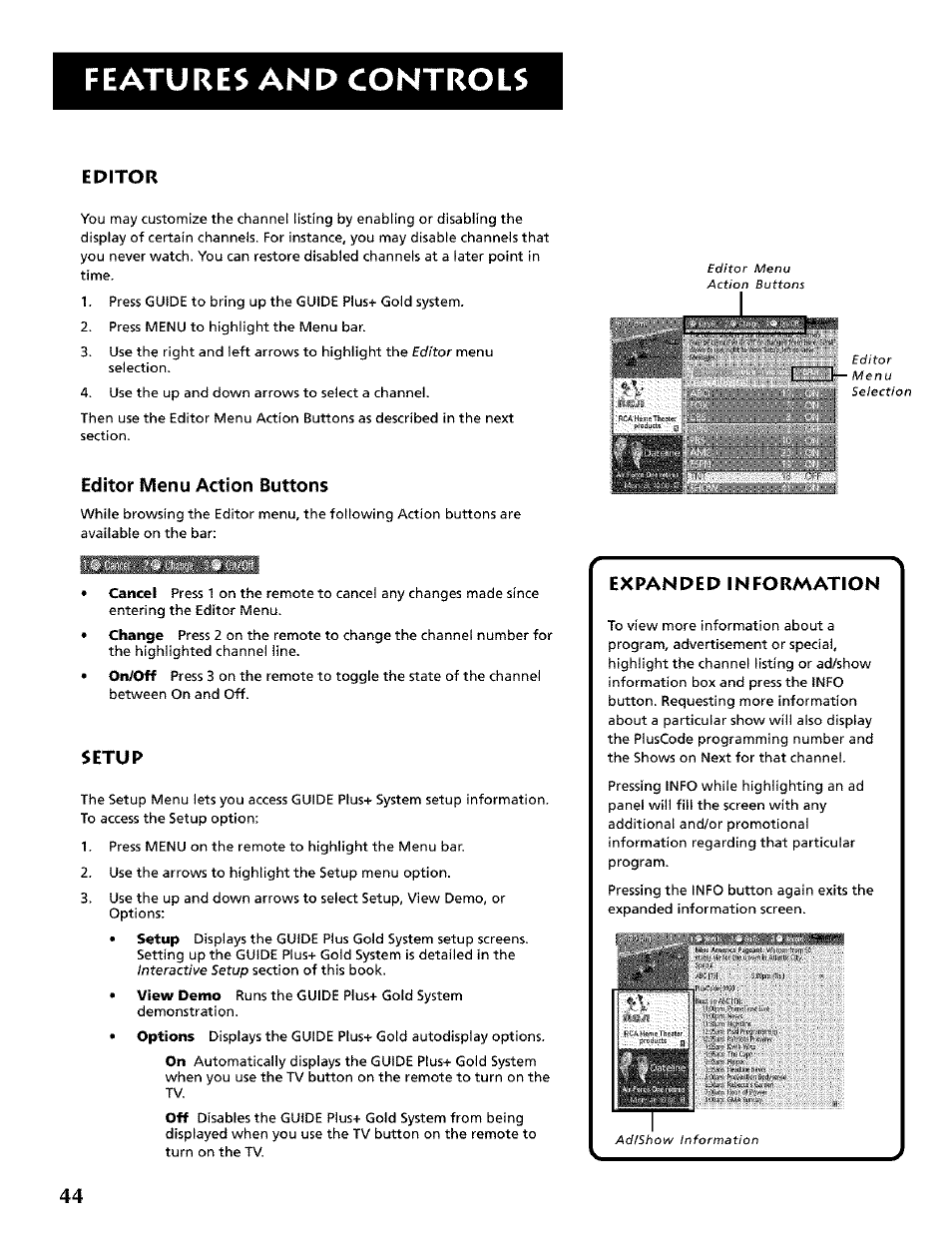 Features and controls, Editor, Editor menu action buttons | Setup, Expanded information | RCA CRT Television User Manual | Page 46 / 64