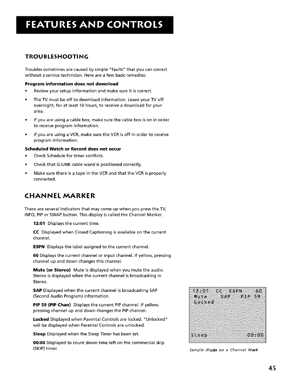 Channel marker, Features and controls, Troubleshootinc | RCA CRT Television User Manual | Page 47 / 64