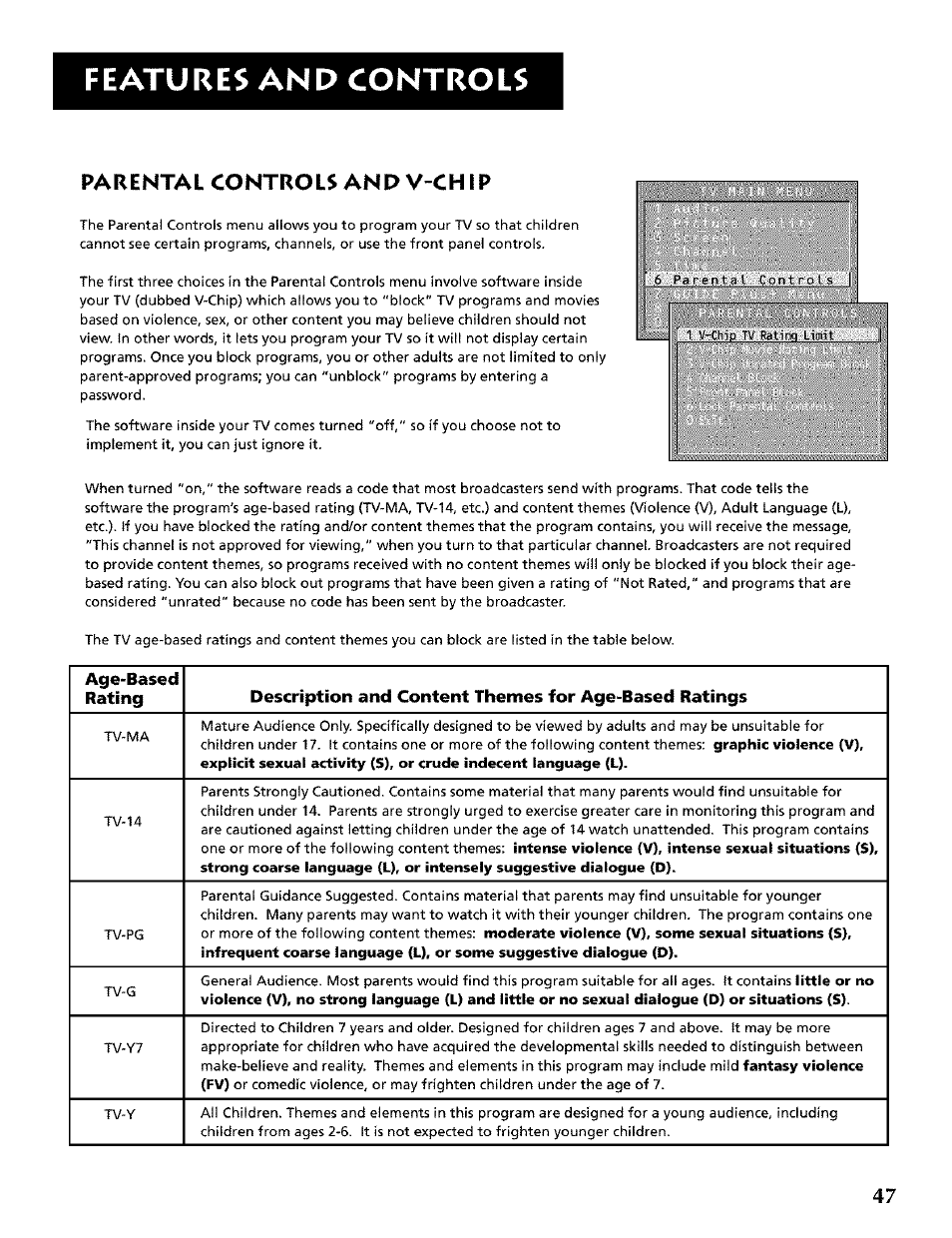 Parental controls and v-chip, Features and controls | RCA CRT Television User Manual | Page 49 / 64