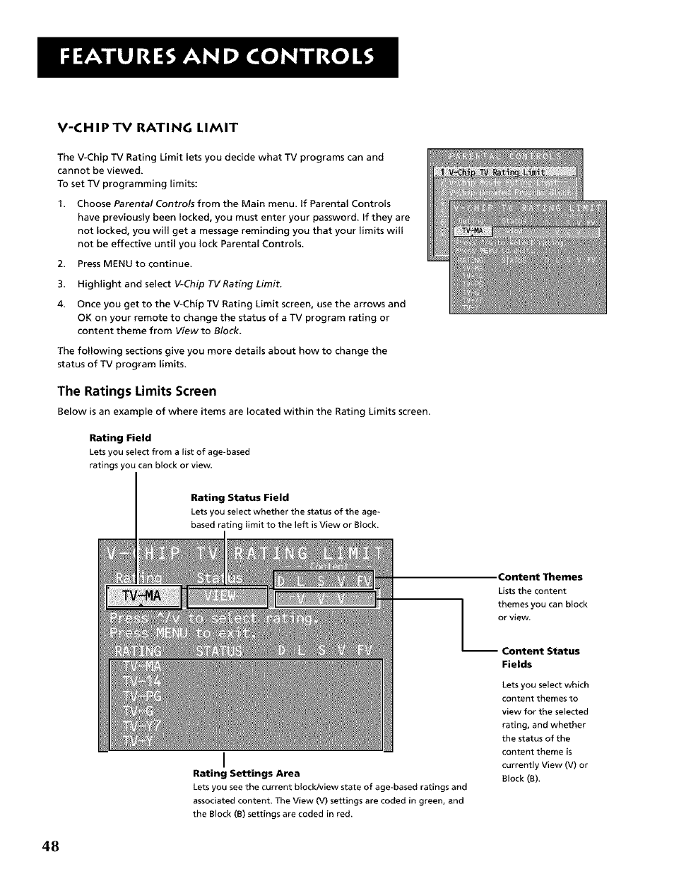 Features and controls, V-chiptv ratinc limit, The ratings limits screen | RCA CRT Television User Manual | Page 50 / 64