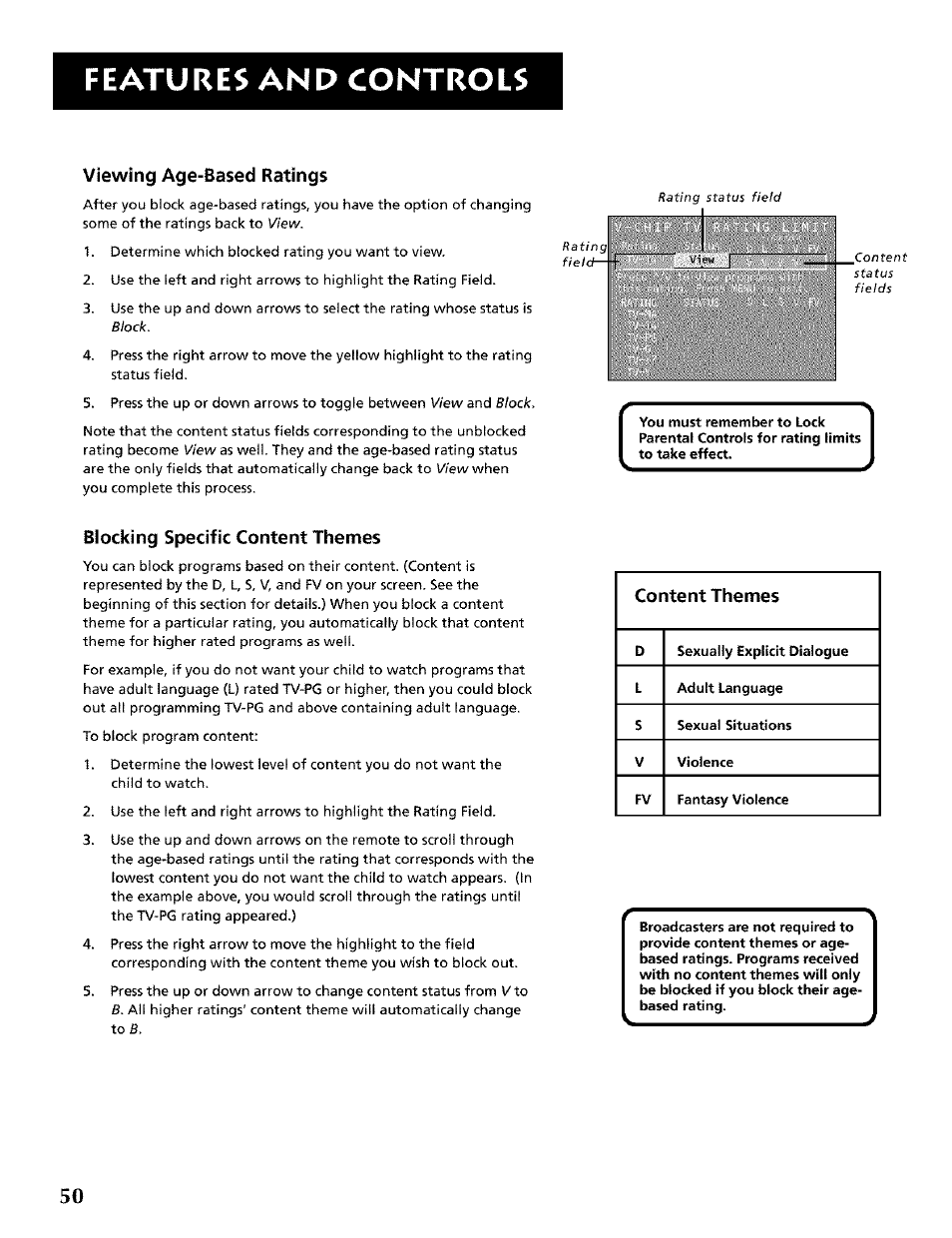 Features and controls, Viewing age-based ratings, Blocking specific content themes | Content themes | RCA CRT Television User Manual | Page 52 / 64