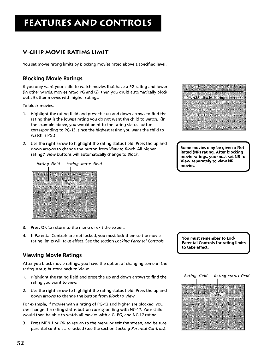 Features and controls, V-chip movie ratinc limit, Blocking movie ratings | Viewing movie ratings | RCA CRT Television User Manual | Page 54 / 64