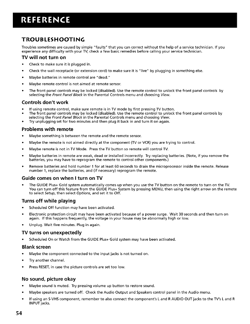 Troubleshootind, Troubleshooting, Reference | Tv will not turn on, Controls don't work, Problems with remote, Guide comes on when i turn on tv, Turns off while playing, Tv turns on unexpectedly, Blank screen | RCA CRT Television User Manual | Page 56 / 64