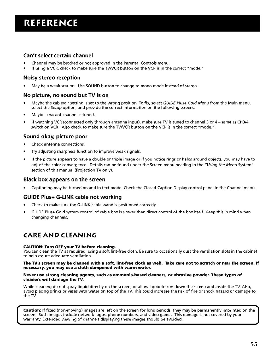 Care and cleaning, Reference, Can't select certain channel | Noisy stereo reception, No picture, no sound but tv is on, Sound okay, picture poor, Black box appears on the screen, Guide plus-b g-link cable not working | RCA CRT Television User Manual | Page 57 / 64
