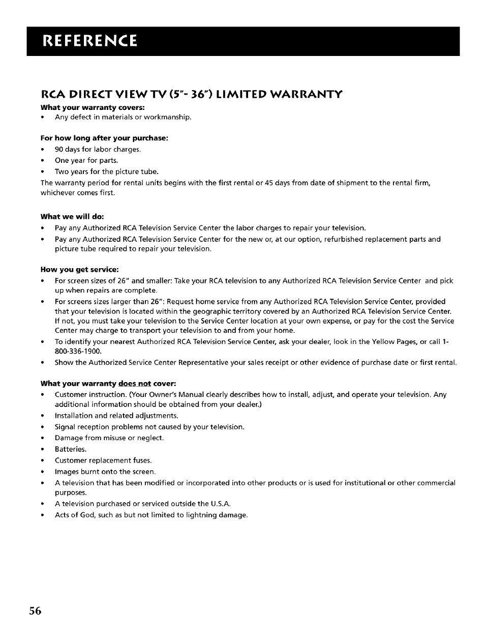 Rca direct view tv (5"- 36") limited warranty, Direct, View | Limited warranty, Reference | RCA CRT Television User Manual | Page 58 / 64