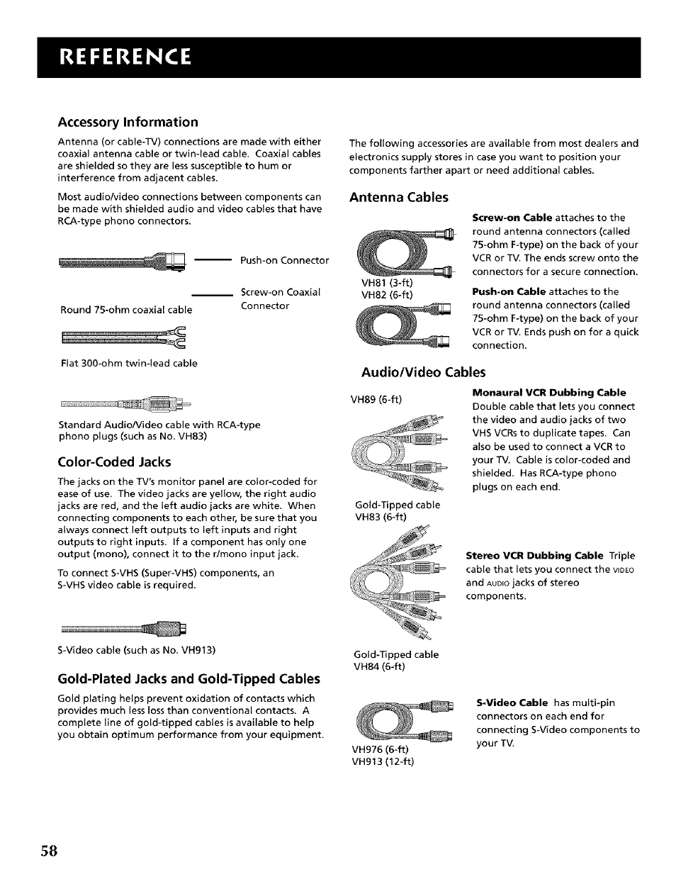 Reference, Accessory information, Color-coded jacks | Gold-plated jacks and gold-tipped cables, Antenna cables, Audlo/video cables | RCA CRT Television User Manual | Page 60 / 64