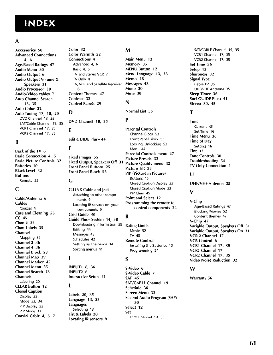 Index | RCA CRT Television User Manual | Page 63 / 64