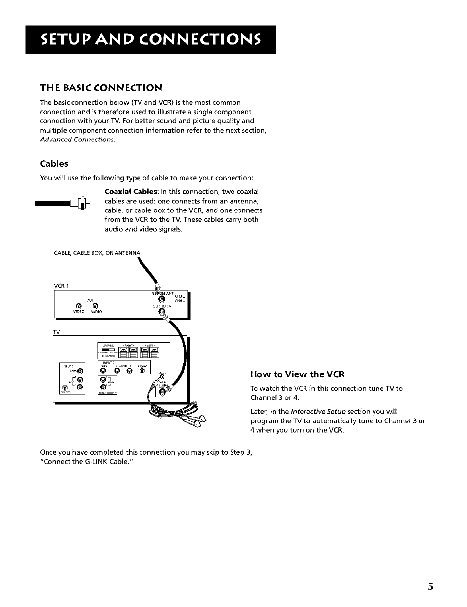 Setup and connections, The basic connection, Cables | How to view the vcr | RCA CRT Television User Manual | Page 7 / 64