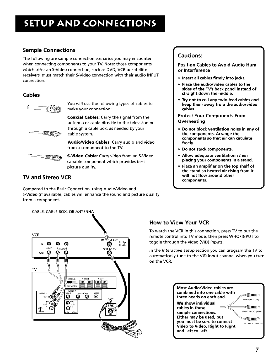 Setup and connections, Sample connections, Cables | Tv and stereo vcr, Cautions, How to view your vcr | RCA CRT Television User Manual | Page 9 / 64
