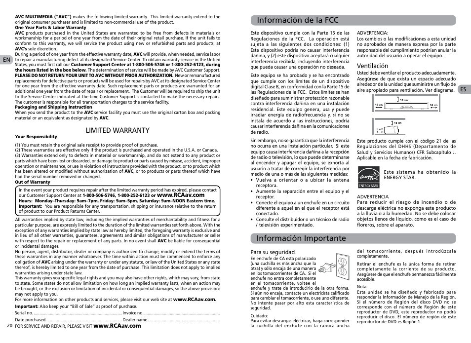 Información importante información de la fcc, Limited warranty | RCA RTS202 User Manual | Page 13 / 25