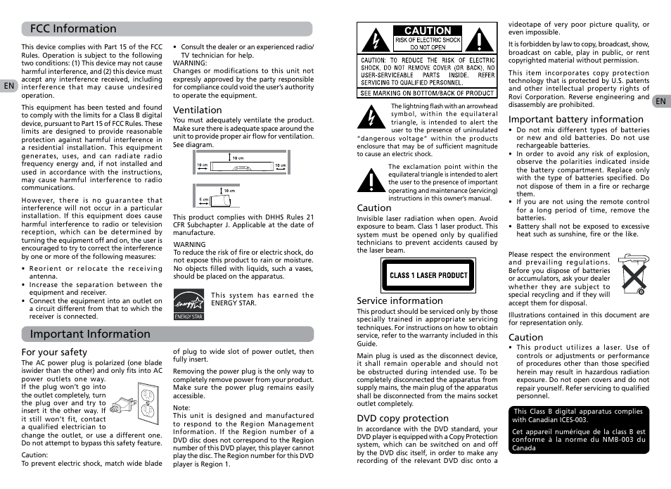 Important information fcc information | RCA RTS202 User Manual | Page 2 / 25