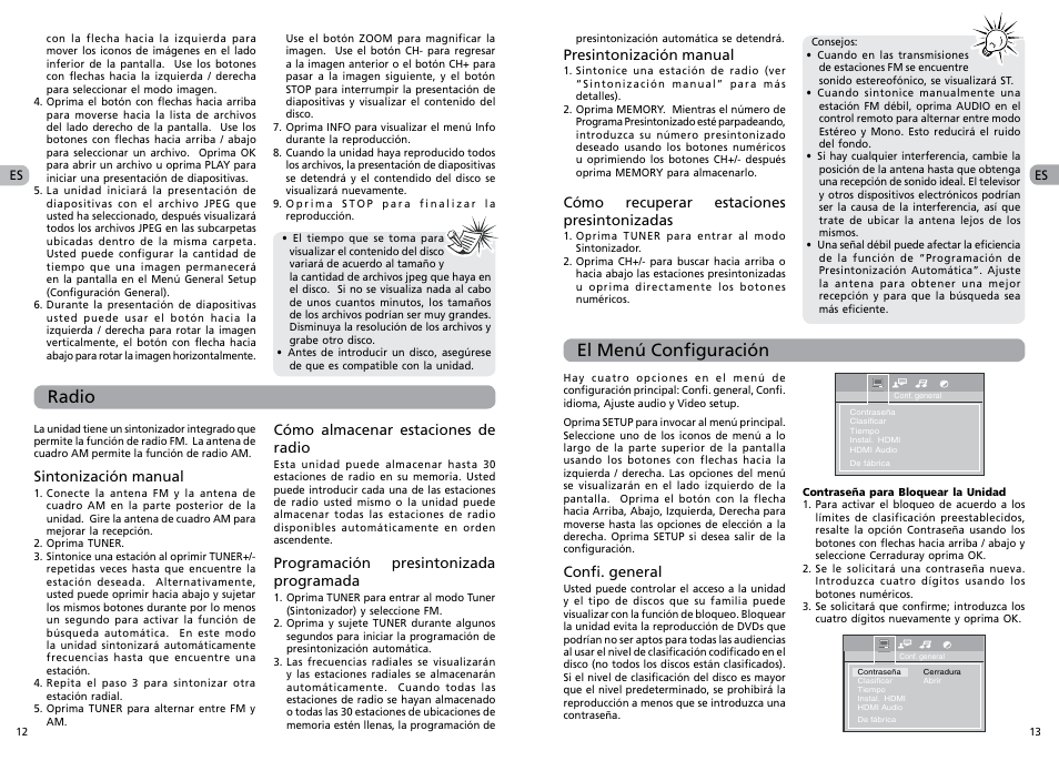 Radio, El menú configuración | RCA RTS202 User Manual | Page 21 / 25