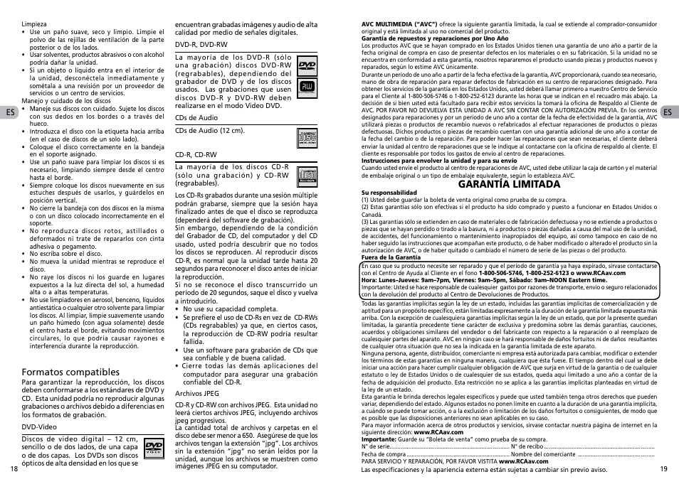 Garantía limitada, Formatos compatibles | RCA RTS202 User Manual | Page 24 / 25