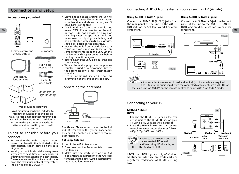 Connections and setup | RCA RTS202 User Manual | Page 4 / 25