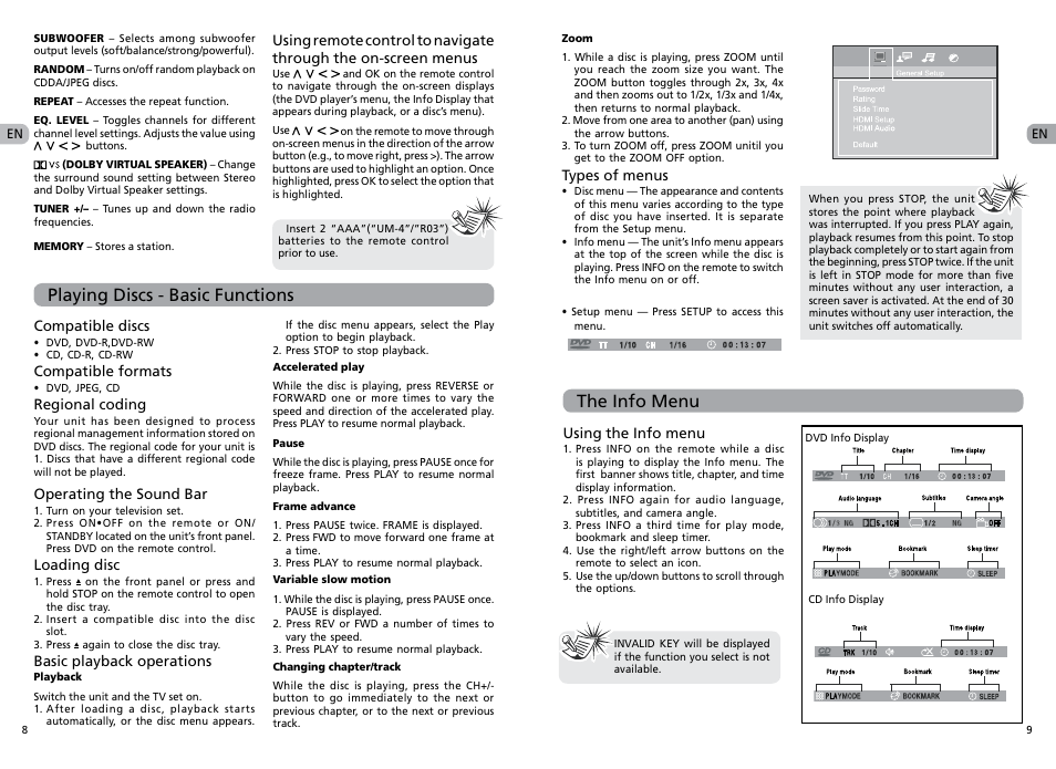 Playing discs - basic functions, The info menu | RCA RTS202 User Manual | Page 7 / 25