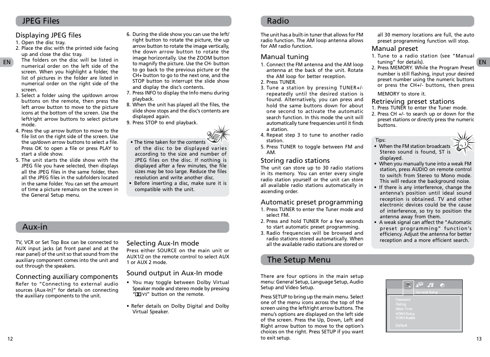 Jpeg files, Aux-in, Radio | The setup menu | RCA RTS202 User Manual | Page 9 / 25