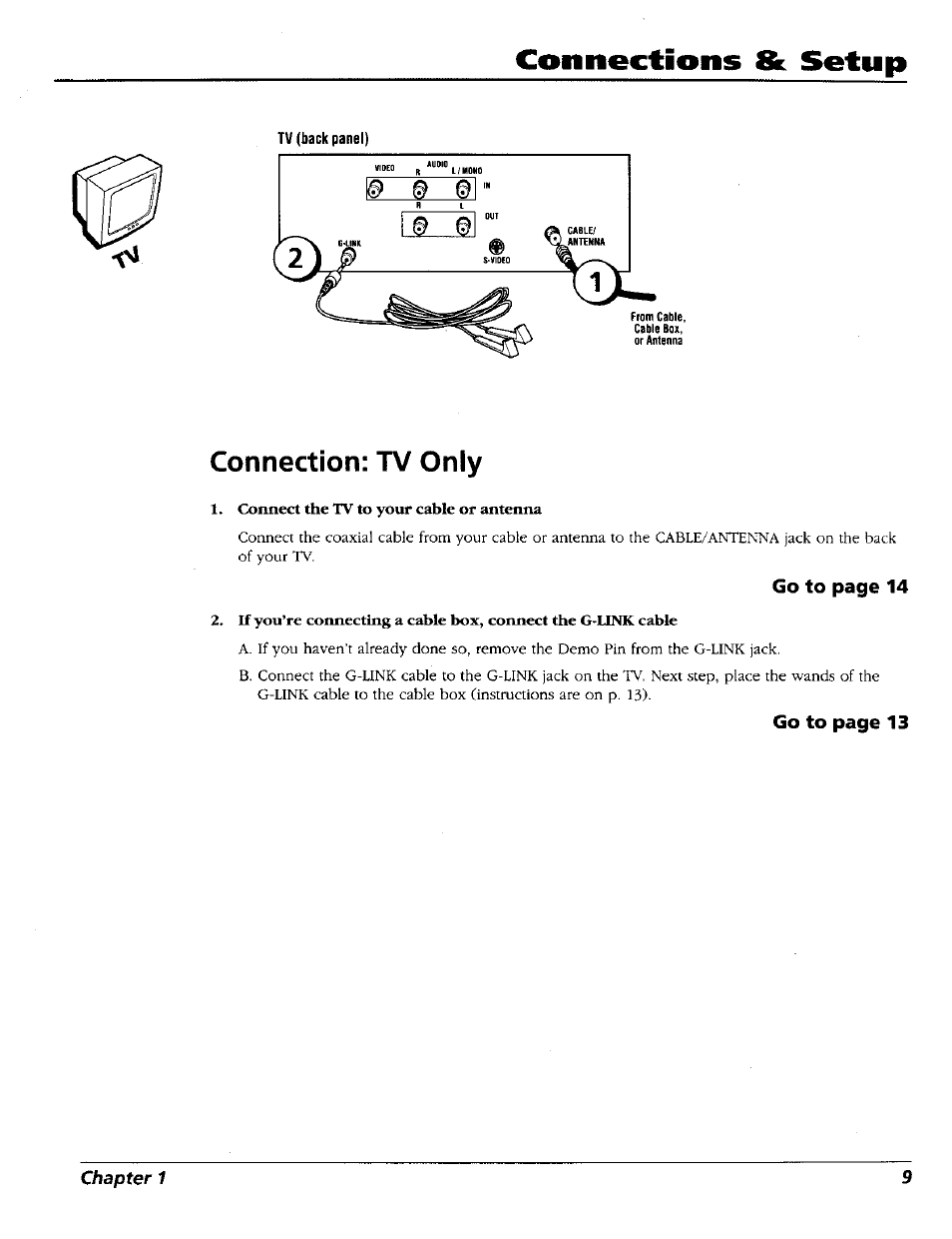 Tv (back panel), Connection: tv only, Connection; tv only | Connections & setup | RCA 15491880 User Manual | Page 11 / 64