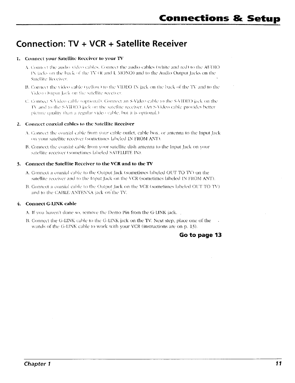 Connection; tv + vcr + satellite receiver, Connection: tv + vcr, Satellite receiver | Connections st setup, Go to page 13 | RCA 15491880 User Manual | Page 13 / 64