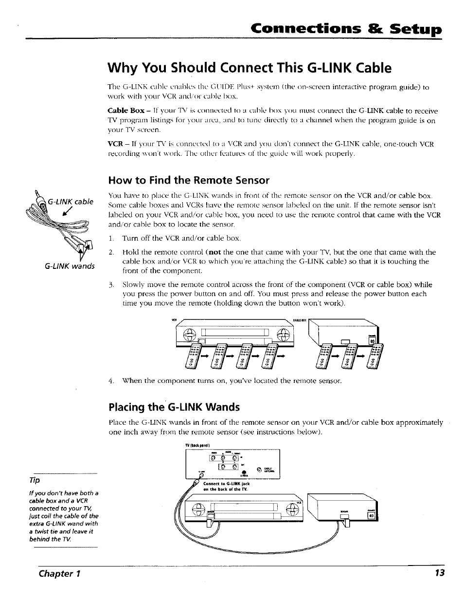 Why you should connect this g-link cable, How to find the remote sensor, Placing the g-link wands | Connections & setup | RCA 15491880 User Manual | Page 15 / 64