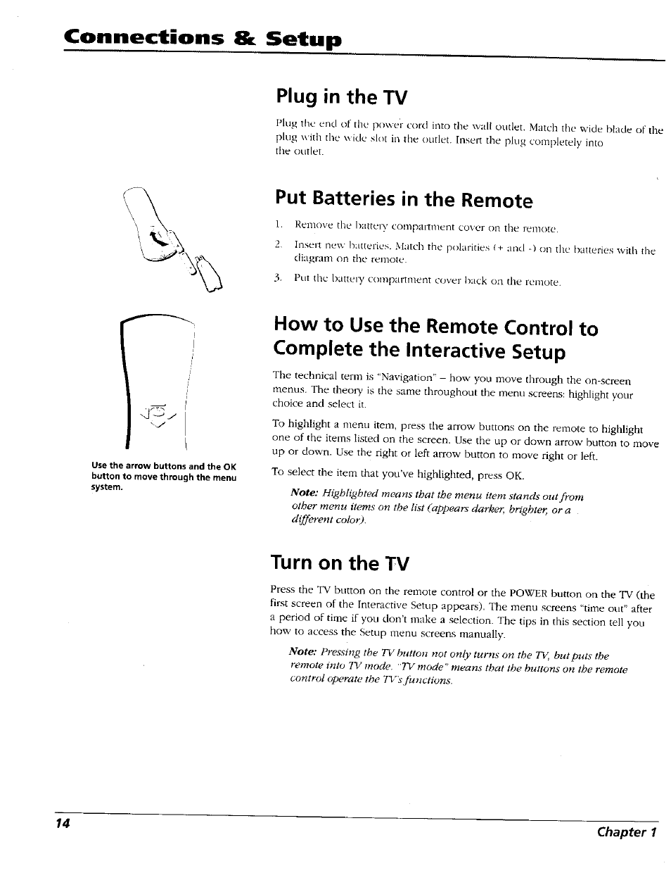 Plug in the tv, Put batteries in the remote, Turn on the tv | Connections &. setup | RCA 15491880 User Manual | Page 16 / 64