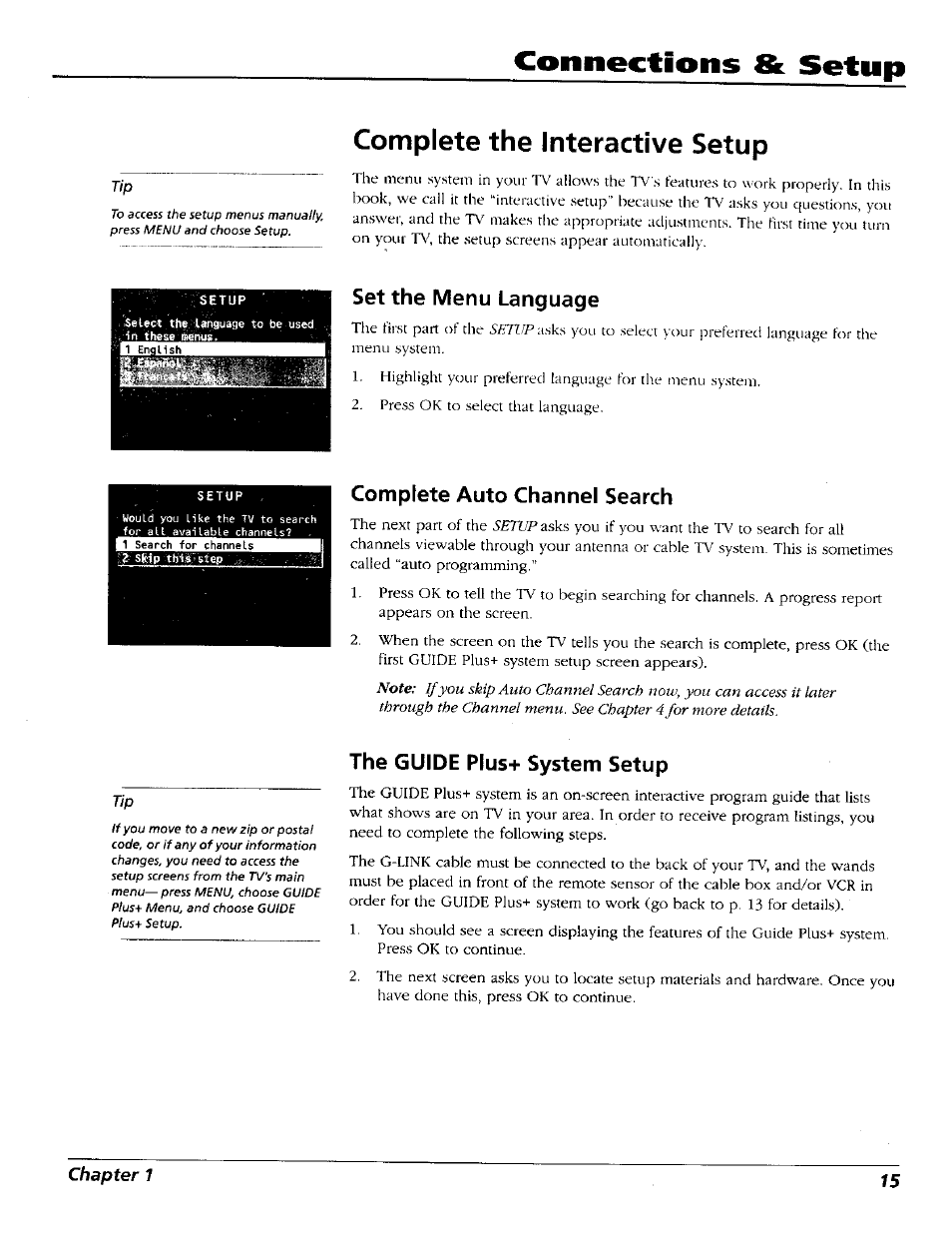 Complete the interactive setup, Set the menu language, Complete auto channel search | The guide plus+ system setup, The guide plus-r system setup, Connections & setup | RCA 15491880 User Manual | Page 17 / 64