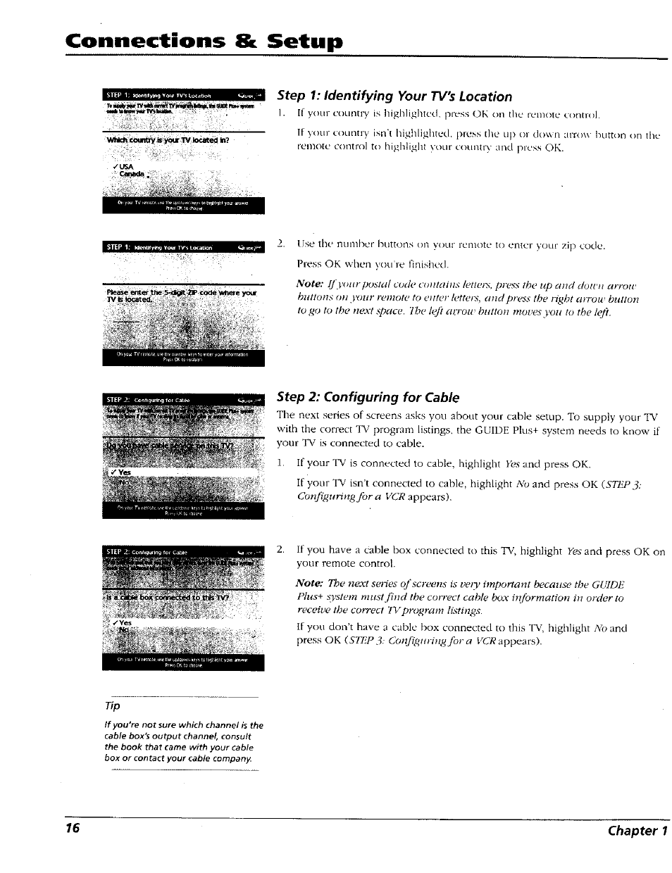 Connections & setup, Step 1: identifying your tv's location, Step 2: configuring for cable | 16 chapter 1 | RCA 15491880 User Manual | Page 18 / 64