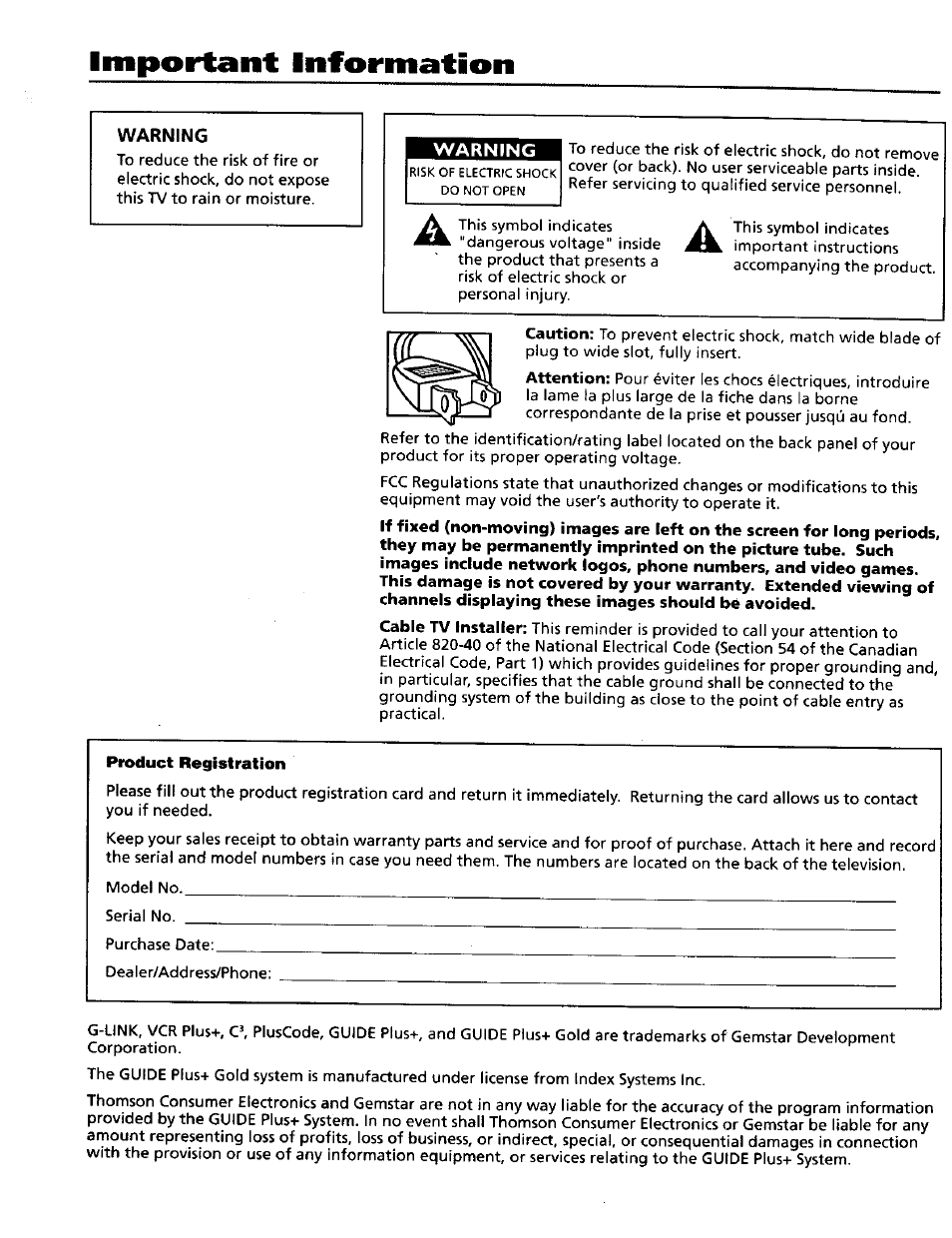 Important information, Warning | RCA 15491880 User Manual | Page 2 / 64