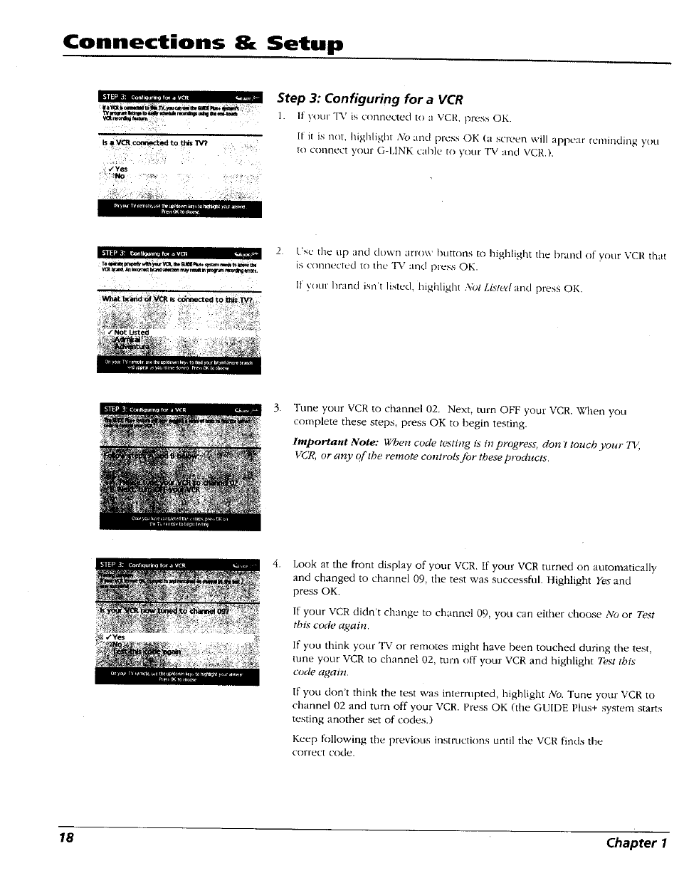 Connections & setup, Step 3: configuring for a vcr, 18 chapter 1 | RCA 15491880 User Manual | Page 20 / 64