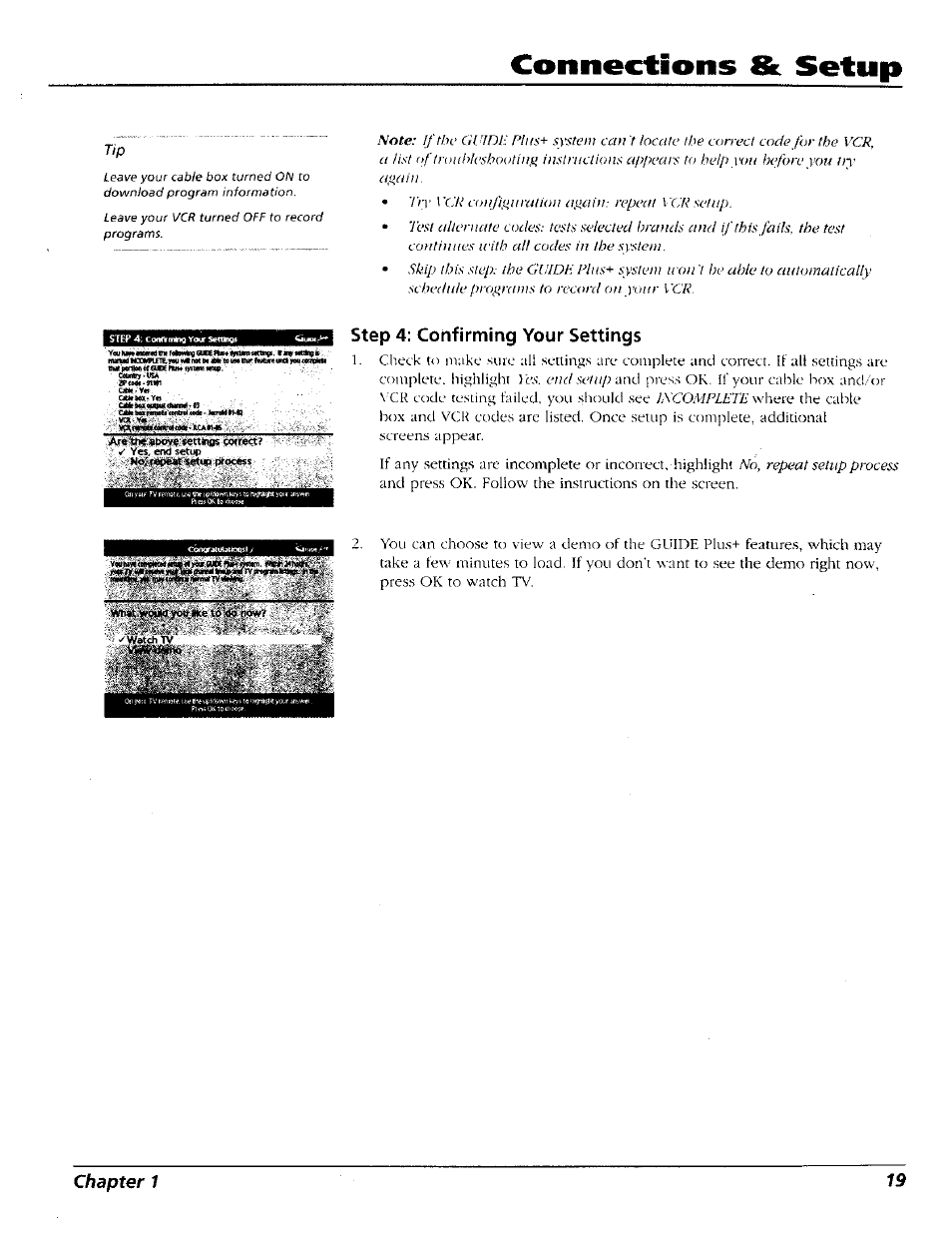 Step 4: confirming your settings, Connections & setup, Chapter 1 19 | RCA 15491880 User Manual | Page 21 / 64