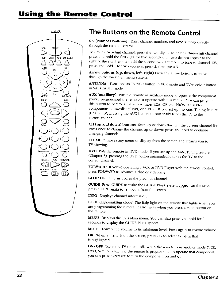 The buttons on the remote control, Using the remote control | RCA 15491880 User Manual | Page 24 / 64