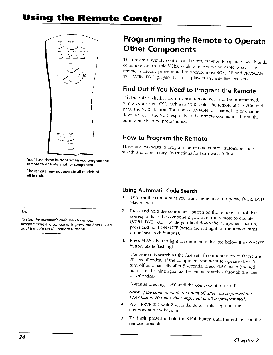 Programming the remote to operate other components, Find out if you need to program the remote, How to program the remote | Using automatic code search, Using the remote control | RCA 15491880 User Manual | Page 26 / 64