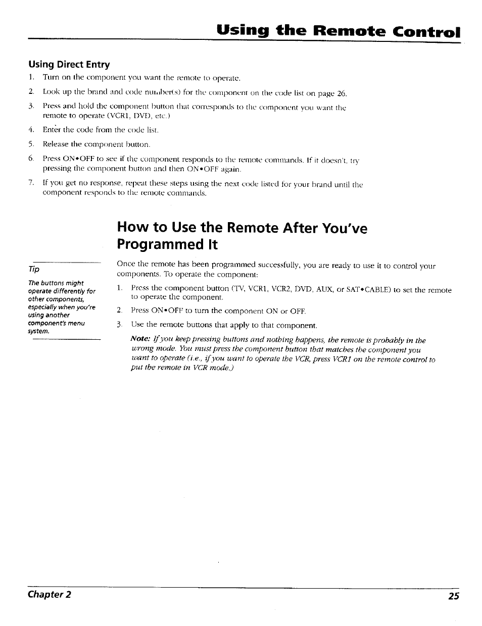 Using direct entry, How to use the remote after you've programmed it, Using the remote control | RCA 15491880 User Manual | Page 27 / 64