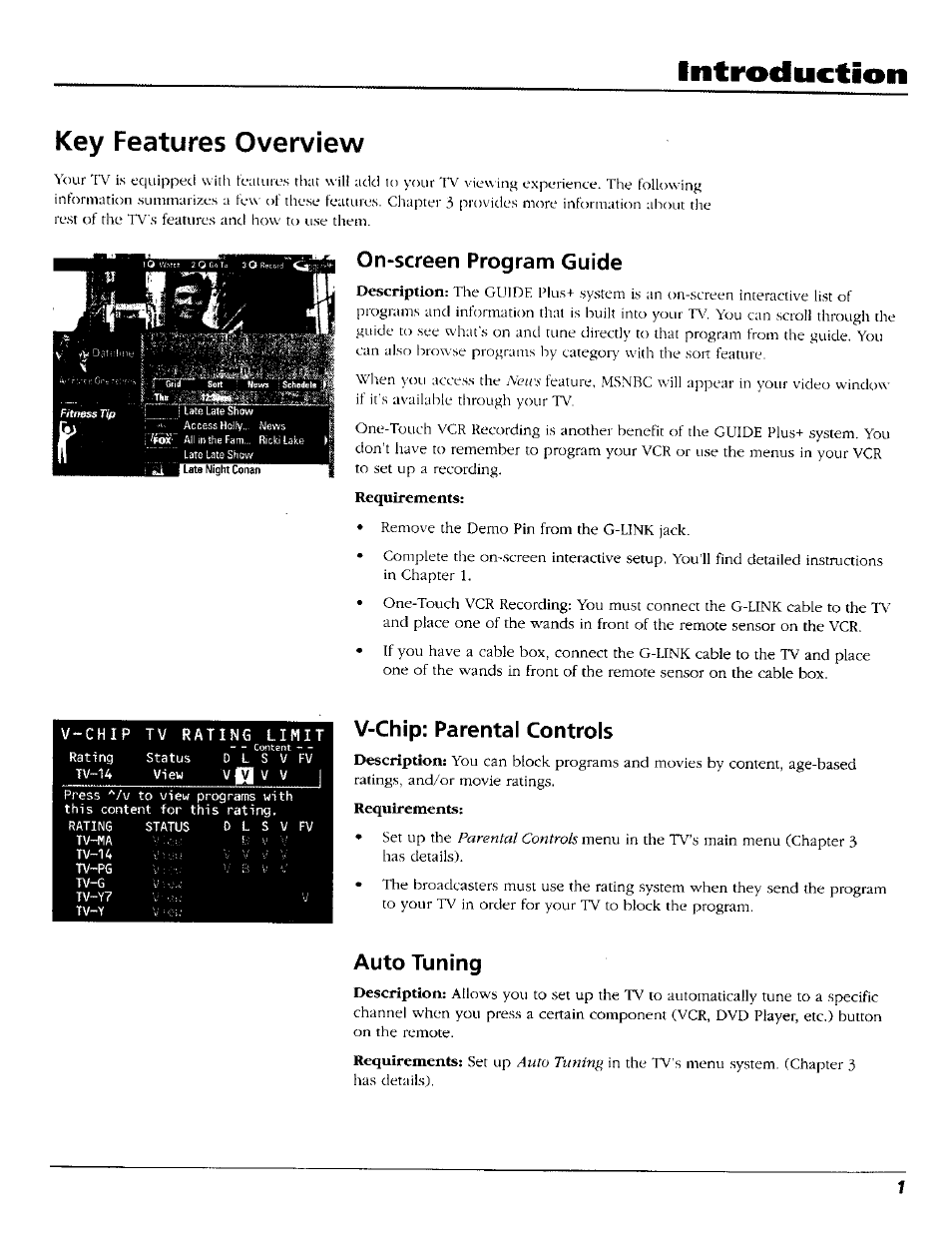 Introduction, Key features overview, On-screen program guide | V-chip: parental controls, Auto tuning | RCA 15491880 User Manual | Page 3 / 64