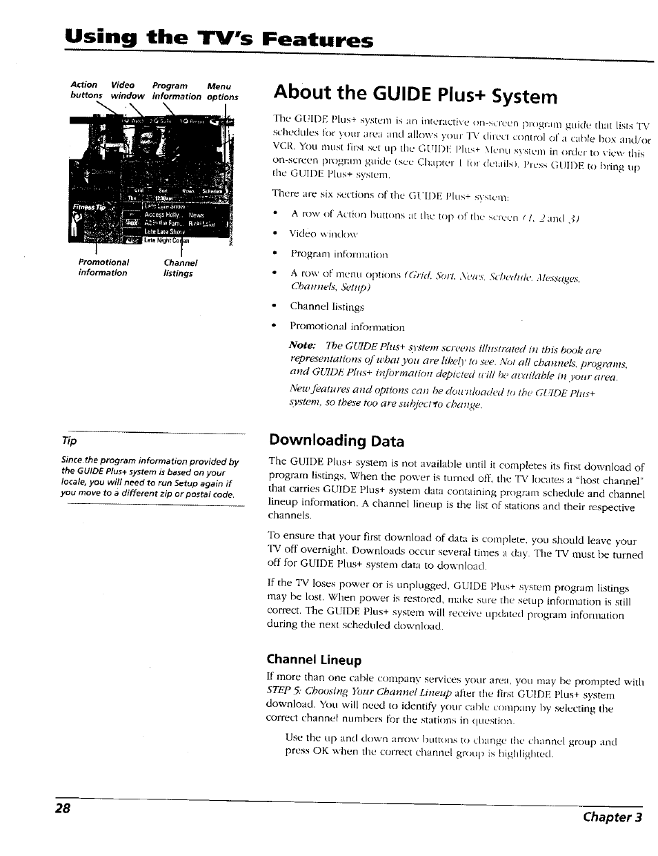 About the guide plus+ system, Downloading data, Channel lineup | Using the tv's features | RCA 15491880 User Manual | Page 30 / 64