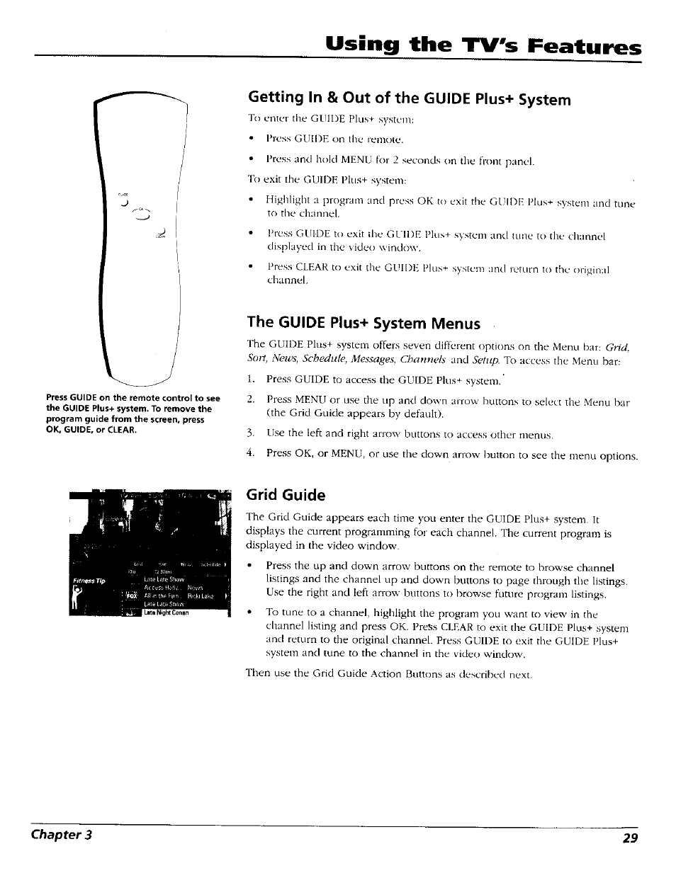 Getting in & out of the guide plus+ system, The guide plus+ system menus, Grid guide | The guide plus-r system menus, Using the tv's features | RCA 15491880 User Manual | Page 31 / 64