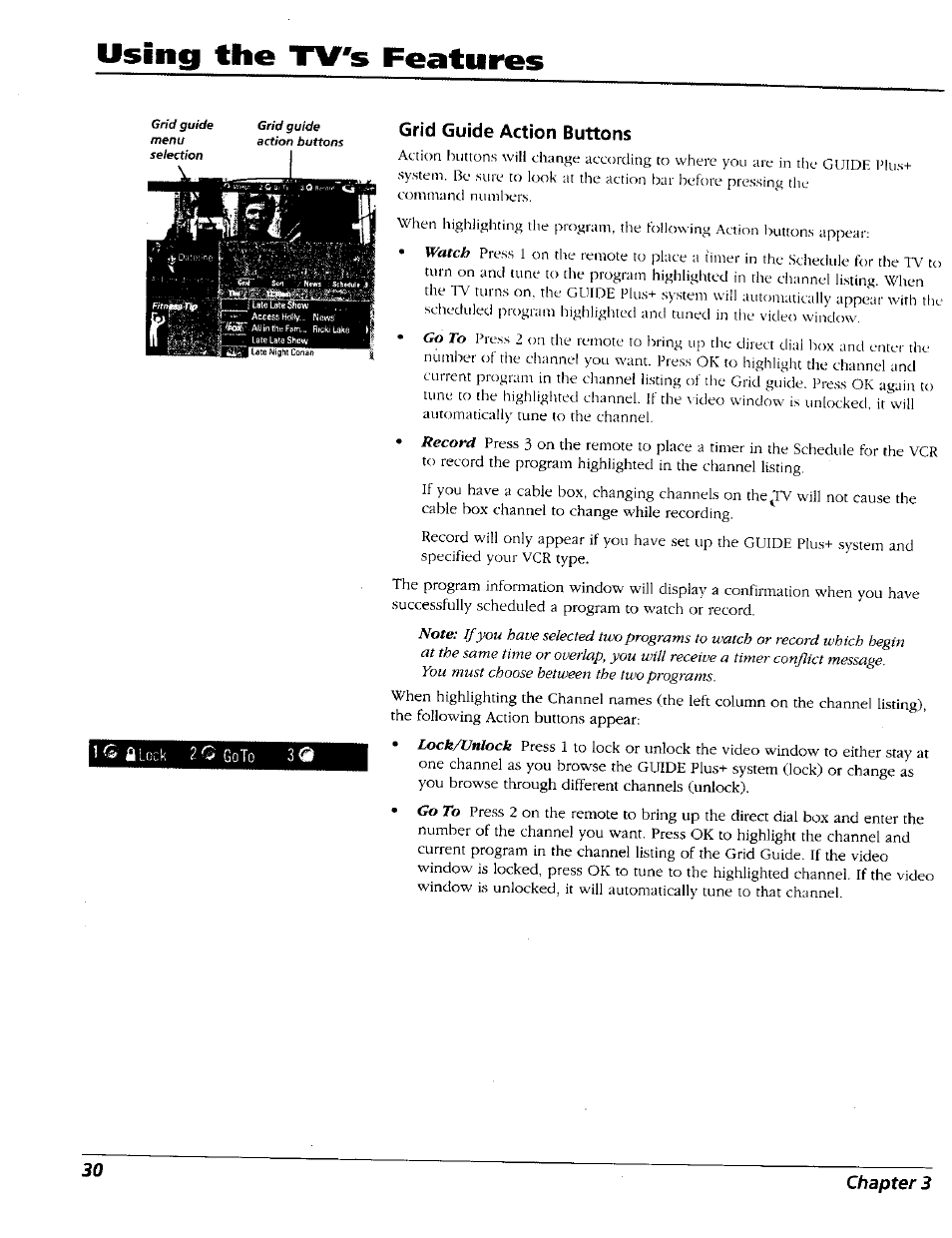 Grid guide action buttons, Using the tv's features | RCA 15491880 User Manual | Page 32 / 64